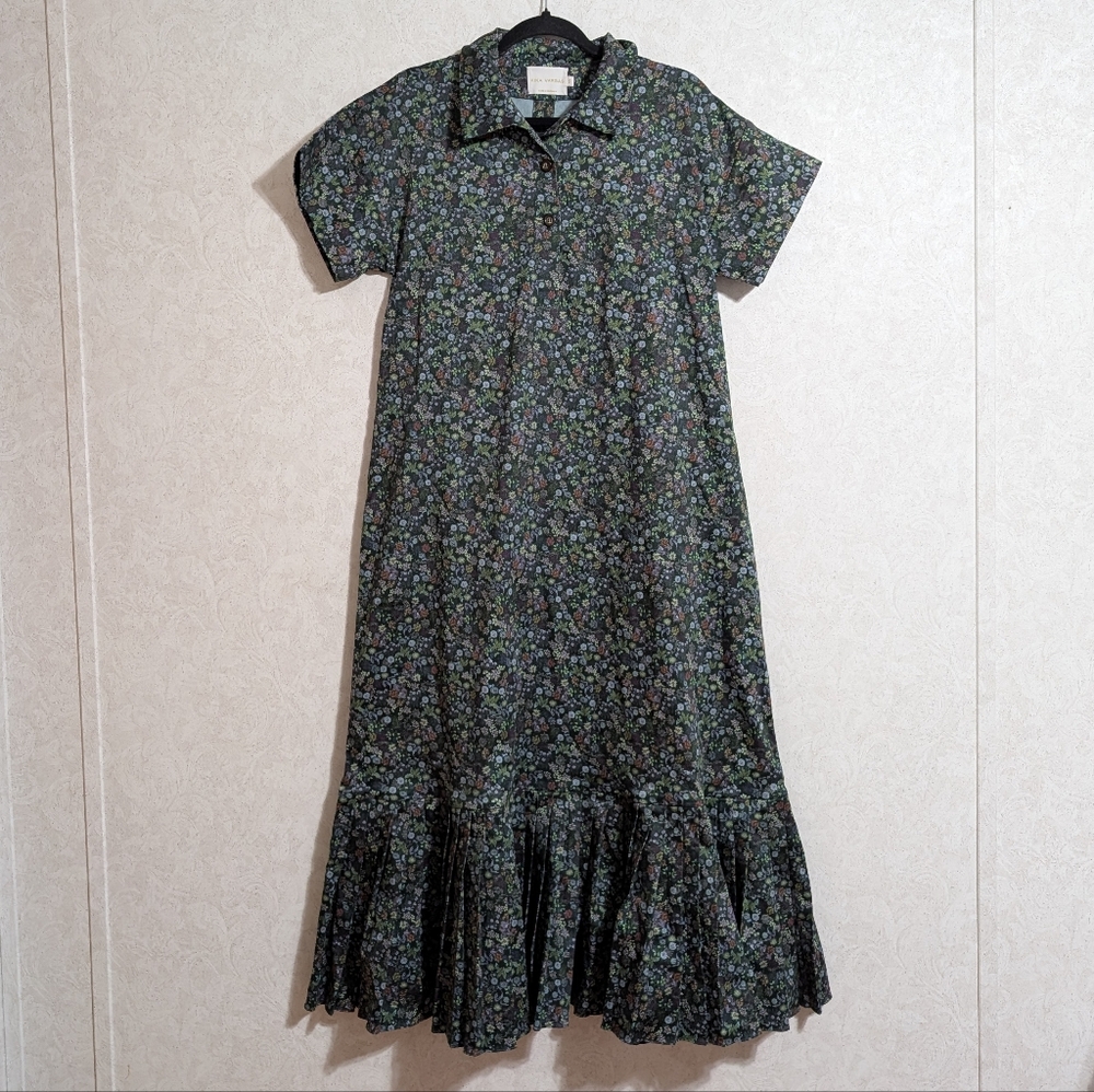 Kika Vargas Nina Floral Cotton Midi Dress Green Ditsy Floral Pleated Flowy XS